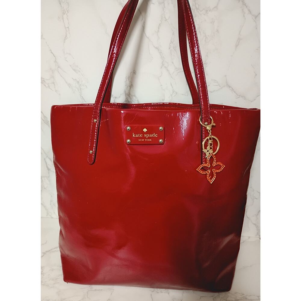 KATE SPADE New York Red Patent Leather Tote Bag w/ Bag Charm - EUC